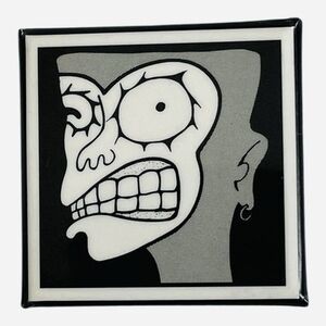 Vintage Square Pin Stylized Black White Grimacing Face Graphic 2x2 Enamel Button